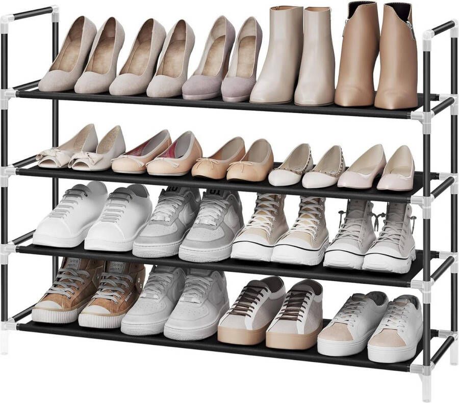 Schoenenrek 4 niveaus schoenenopslag gangkast slank ruimtebesparend metalen frame niet-geweven stoffen planken zwart LSH054B01