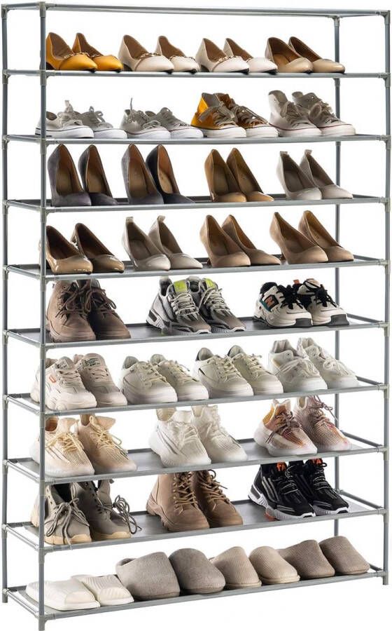 Schoenenrek 5-10 niveaus metalen schoenenopberger 150 x 93 x 30 cm schoenenkast voor maximaal 50 paar schoenen schoenenrek grijs