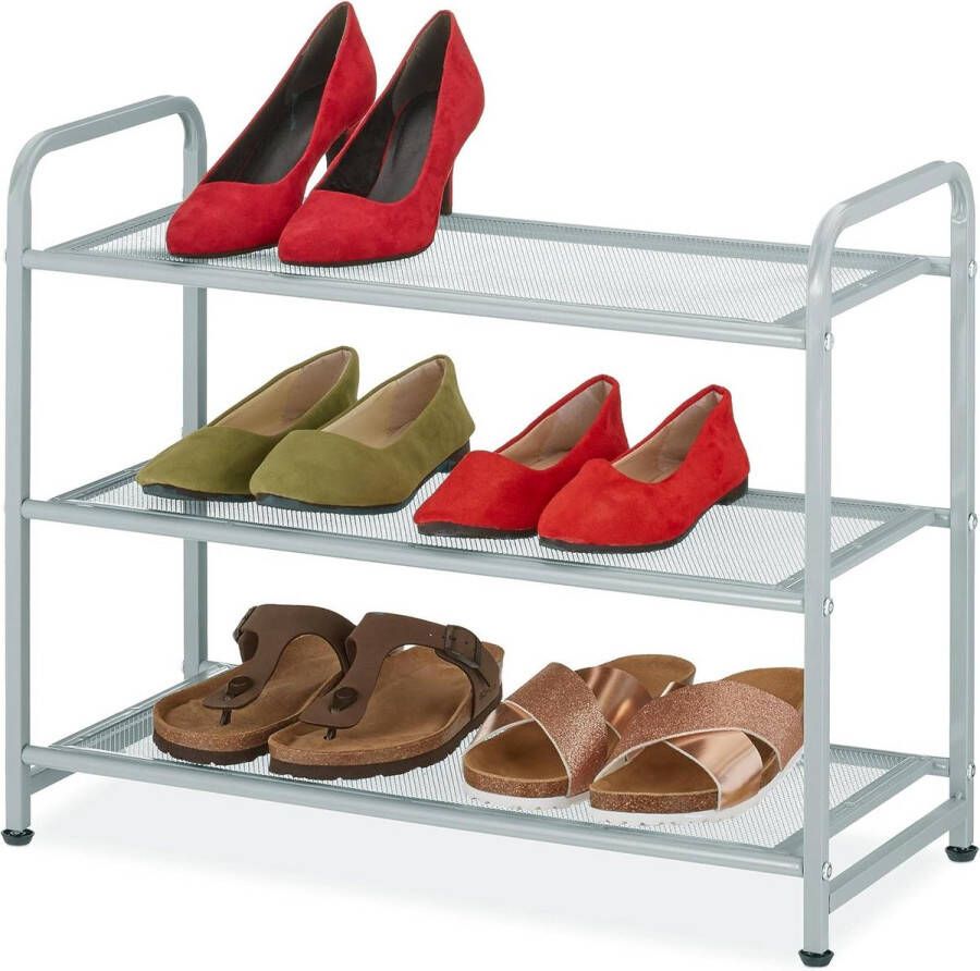 Schoenenrek 6 paar schoenen 48 x 60 x 25 cm opbergrek 3 etages hal of gang staal zilver boot tray