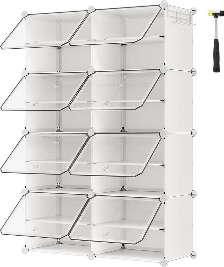 Schoenenrek met 8 vakken smal schoenenkast 30 x 40 x 30 cm stalen frame kunststof wit