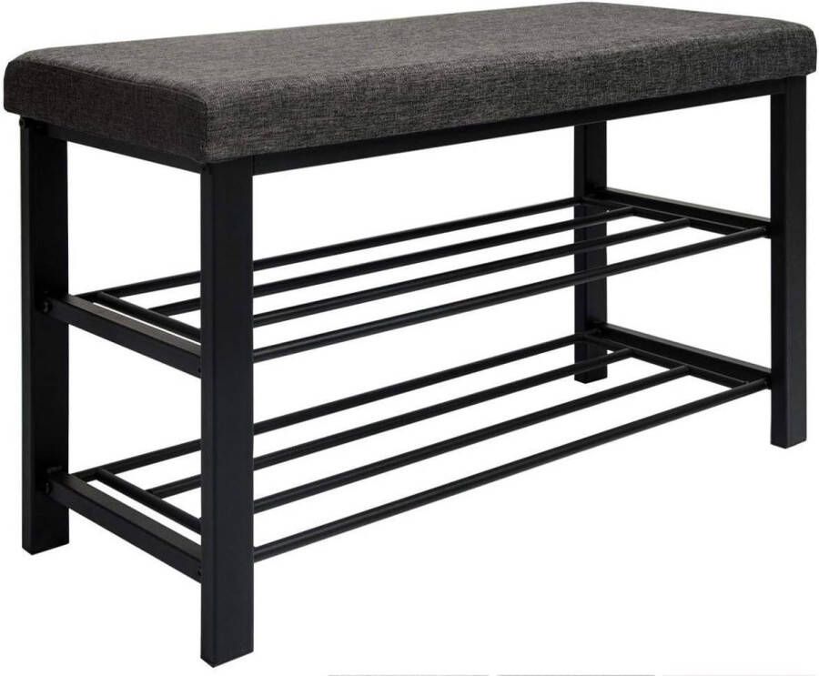 Schoenenrek 81 x 32 x 46 cm open schoenenkast met 2 planken stabiele zitbank schoenenbank van metaal met gevoerd linnen zitvlak grijs