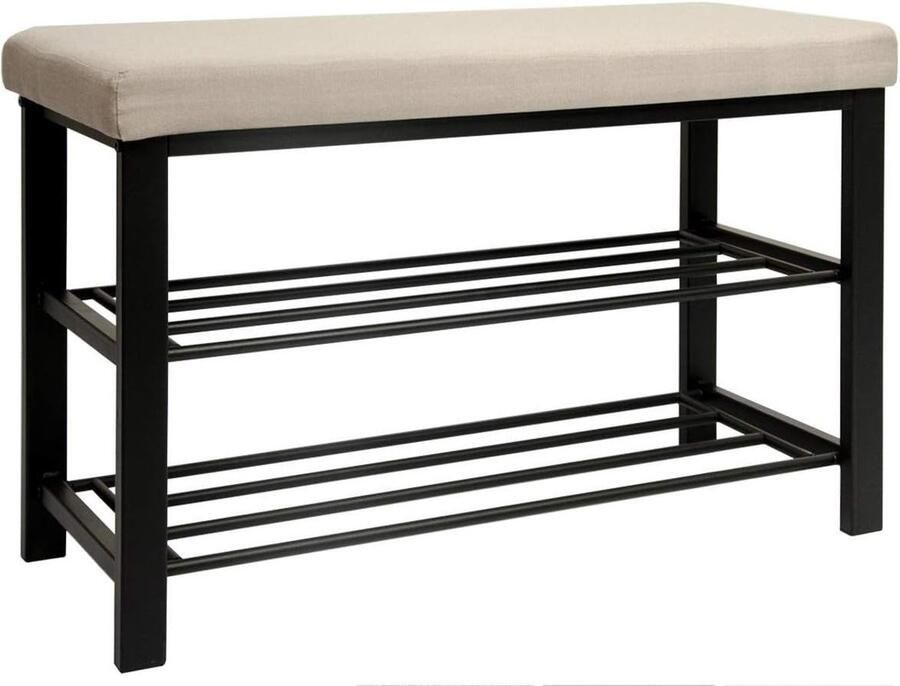 Schoenenrek 81 x 32 x 46 cm open schoenenkast met 2 planken stabiele zitbank schoenenbank van metaal met gevoerd linnen zitvlak beige