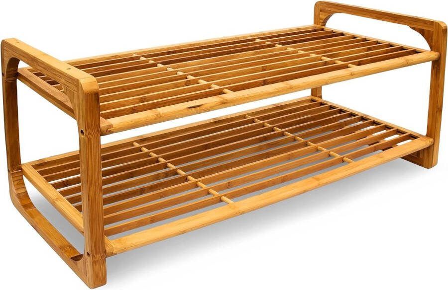Schoenenrek bamboe h x b x d: ca. 33 x 75 x 33 cm houten schoenenrek voor 6 paar schoenen stapelbaar met 2 planken als schoenenkast en zitbank individueel uitbreidbaar naturel
