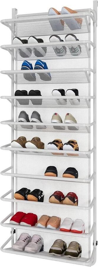 Schoenenrek voor over de deur 10 niveaus hangende schoenenkast schoenenorganizer metaal eetkamer mat wit 55 x 195 x 159 cm