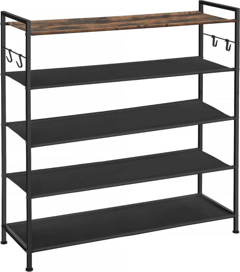 Schoenenrek met 5 niveaus Metalen schoenenplank Planken van Oxford-stof voor 20-25 paar schoenen 29 x 89 x 92 5 cm 4 haken Open schoenenkast voor gangslaapkamer Rustiek bruin en zwart