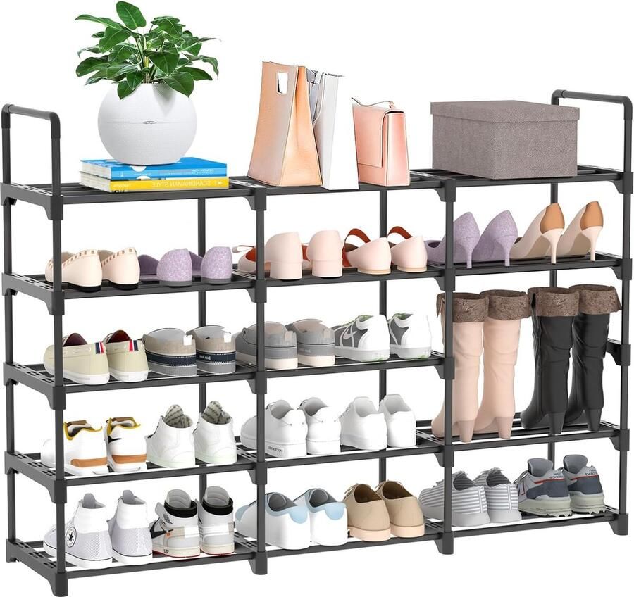 Schoenenrek met 5 niveaus schoenenrek van metaal biedt ruimte voor maximaal 30 paar schoenen schoenenkast zwart geschikt voor gangen