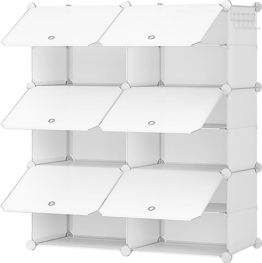 Schoenenrek met 6 vakken en deur 24 paar schoenen smal kunststof stalen frame wit