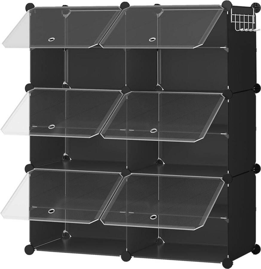 Schoenenrek met 6 vakken Schoenenkast met deur voor 24 paar Smal kunststof stalen frame Woonkamer slaapkamer hal ingang zwart