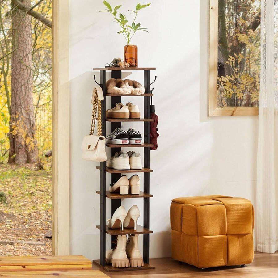 Schoenenrek met 8 niveaus en haken Houten schoenenkast Metalen frame Schoenenopslag voor entree hal woonkamer Vintage bruin zwart