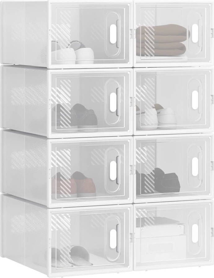 Schoenenrek met 8 stapelbare schoenendozen schoenenkast reksysteem met magneetsluiting steekrek van kunststof doe-het-zelf 25 x 19 x 35 cm transparant wit