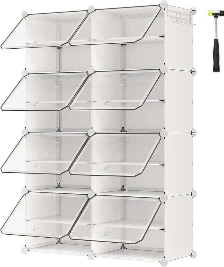 Schoenenrek met 8 vakken smalle schoenenkast stalen frame wit voor hal en slaapkamer Schoenenrek