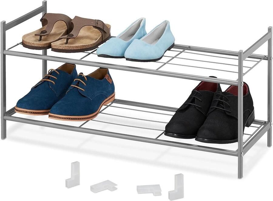 Schoenenrek metaal 2 etages stapelbaar uitbreidbaar HBD: 335 x 70 x 26 cm voor 6 paar schoenen zilver Opbergsysteem met optimaal ruimtegebruik boot tray