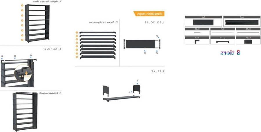 Schoenenrek opslag smal organizer 8 niveaus stofdicht eenvoudige montage 16 paar opslag
