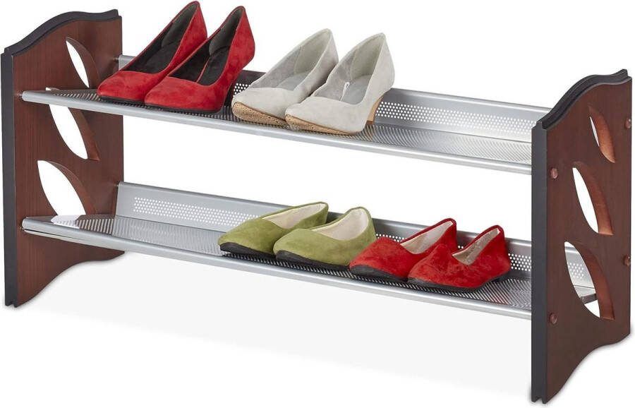 Schoenenrek stapelbaar voor hal en gang 2 etages voor 8 paar schoenen MDF 39 x 81.5 x 28 cm bruin zilver boot tray