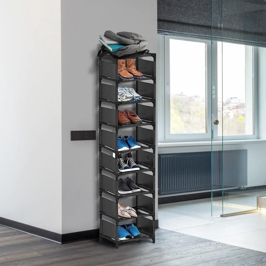 Schoenenrek verticaal schoenenrek met 10 planken zwarte schoenenkast hoge smalle schoenenstandaard ruimtebesparende stabiele schoenenorganizer voor toegangsdeur hal slaapkamer woonkamer