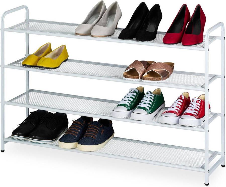 Schoenenrek voor 16 paar smal opbergrek 4 etages gang hal wit afmetingen HxBxD: 65 x 100 x 255 cm