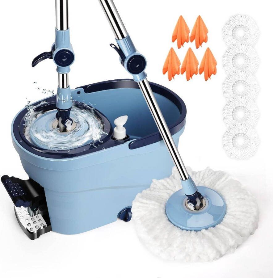 Schoonmaakemmer met Spin Mop en 5 Reservekoppen Telescoopsteel en Voetpedaal Vloerwisser voor Vloerreiniging met Mop and Bucket Set