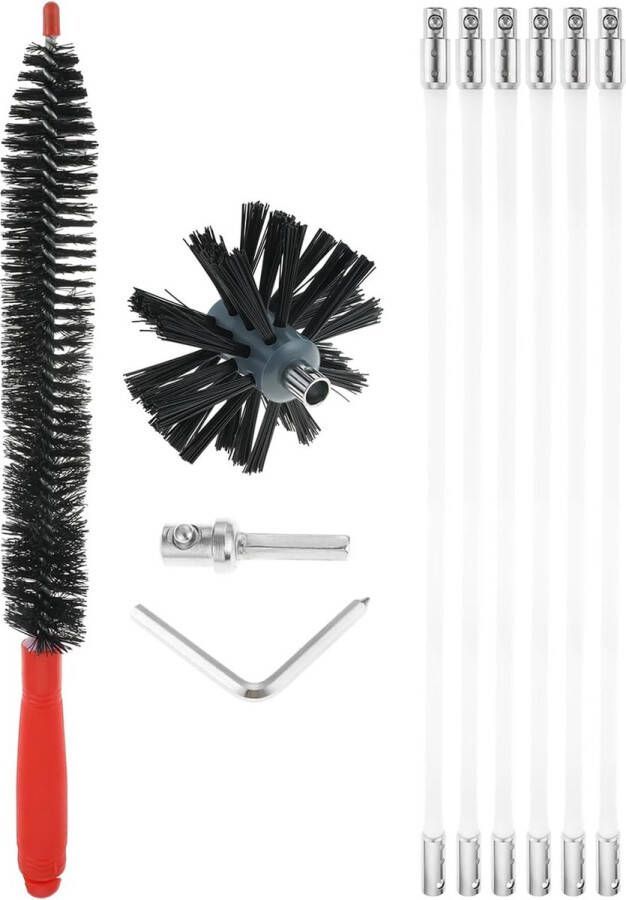 Schoorsteenborstelset Nylon staafborstelset met 1 borstelkop (4 inch) en 6 klikstangen (16 inch) voor open haard droger ventilatie rioolbuis afzuigkap houtkachel