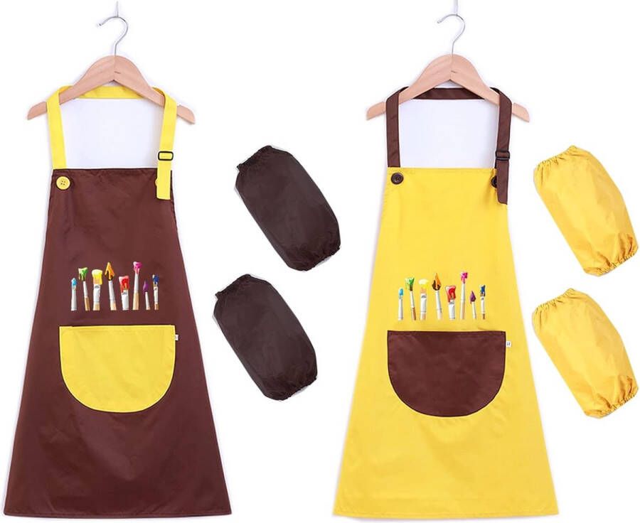 Schort voor kinderen waterdichte werkkleding 2-delige set met mouwen kinderschort met verstelbare nekband met zakken bruin en geel geschikt voor 3-8 jaar