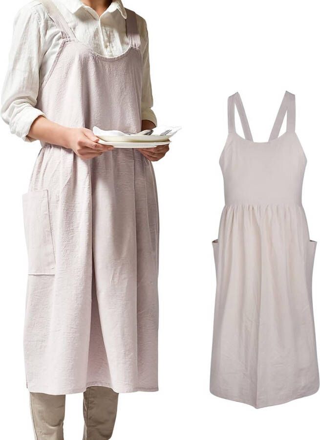 Schorten dames zacht katoen keuken koken schort met zakken Japanse stijl kruis rug kookschort literatuur kunst baggy casual slabschort voor tuinieren bloemenwinkel