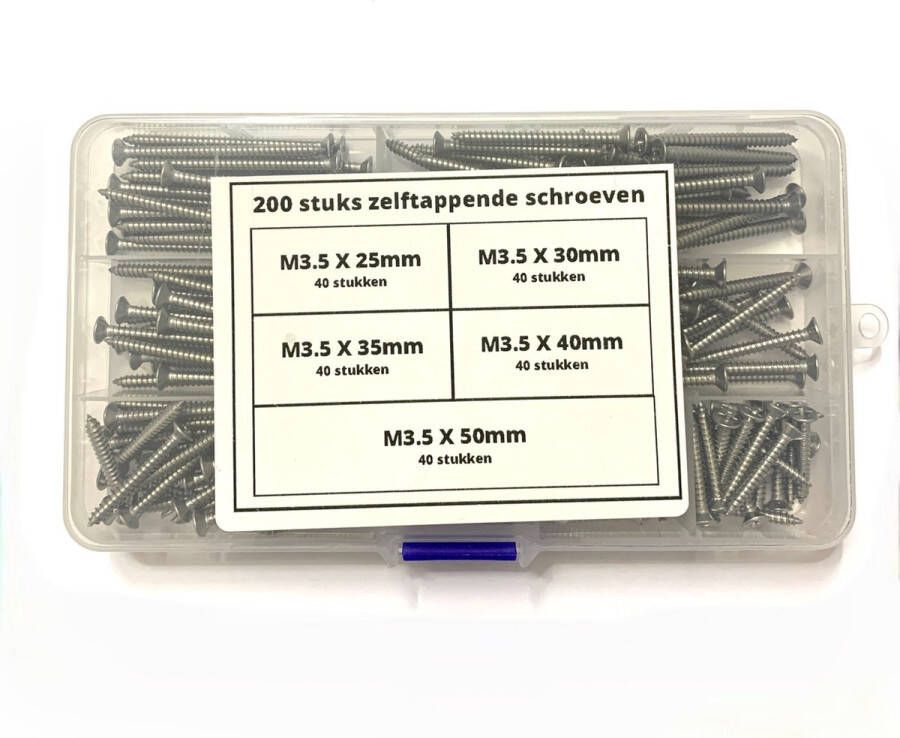 Schroeven set 200 delig – Schroeven – M3 5 RVS Schroeven assortiment – Spaanplaatschroeven – Kruiskopschroef – Platkopschroef (pk) – Zelftapper – 4 verschillende formaten – Assortimentsdoos