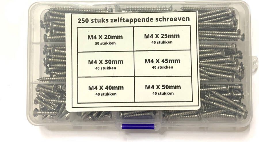 Schroeven set 250 delig – Schroeven – M4 RVS Schroeven assortiment – Spaanplaatschroeven – Kruiskopschroef – Platkopschroef (pk) – Zelftapper – 6 verschillende formaten – Assortimentsdoos