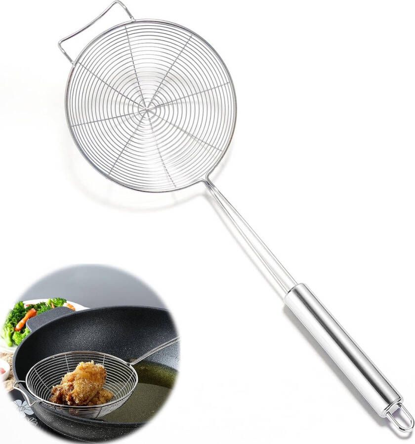 Schuimlepel spinnenweb opscheplepel van roestvrij staal spinnenzeef spinnenlepel met lange handgreep en praktische haak voor het braden koken pasta (14 cm)