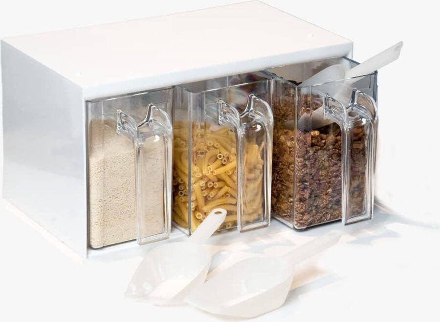 Schüttenset 4-delig 1 schenkbehuizing incl. drie schenkjes + 3 schoppen inhoud: elk 1 l inhoud schep: elk 55 ml kunststof transparant wit
