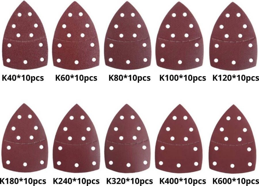 Schuurpapier Driehoek 100 stuks Schuurschijven Voor schuurmachines 11 gaten 105 x 152 mm Klittenbandbevestiging K40 60 80 100 120 180 240 320 400 600
