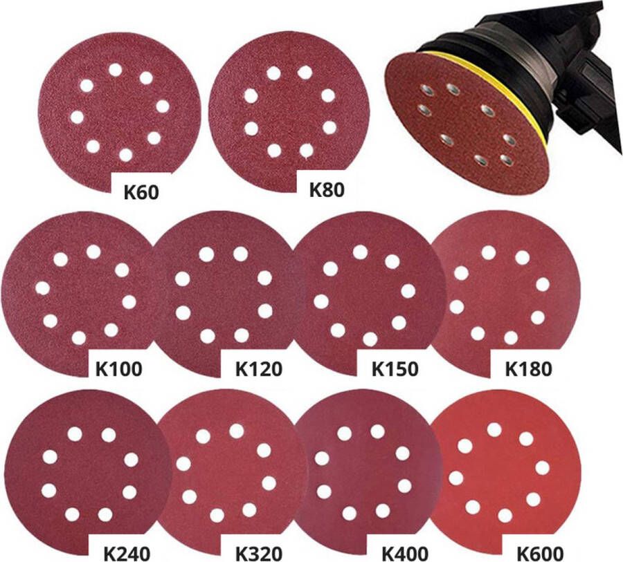 Schuurpapier Rond 100 stuks Schuurschijven Voor schuurmachines 8 gaten ø 125 mm 5 inch Klittenbandbevestiging K60 80 100 120 150 180 240 320 400 600
