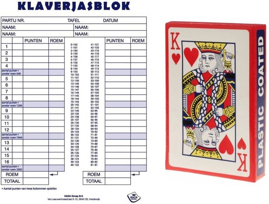Merkloos Scoreblok Klaverjassen spel 50 vellen met 2x pakjes speelkaarten Kaartspel