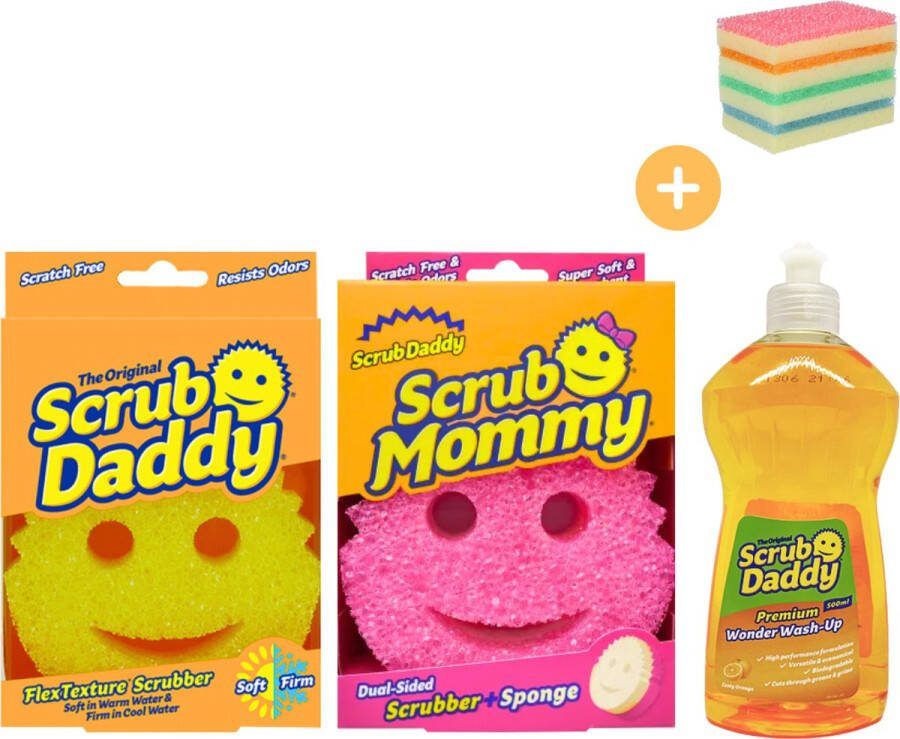 Scrub Daddy & Mommy met Afwasmiddel Schoonmaakset 2 Stuks Schuursponsjes Krasvrij Schoonmaakspons Schuurspons Wonderspons