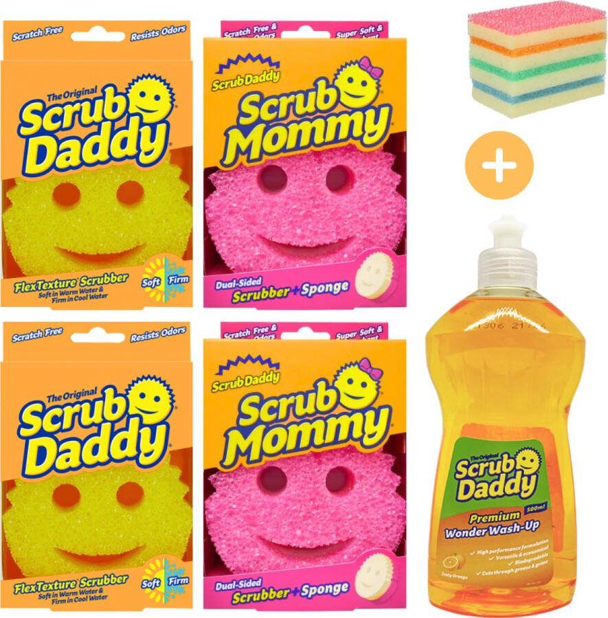 Scrub Daddy & Mommy met Afwasmiddel Schoonmaakset 4 Stuks Schuursponsjes Krasvrij Schoonmaakspons Schuurspons Wonderspons