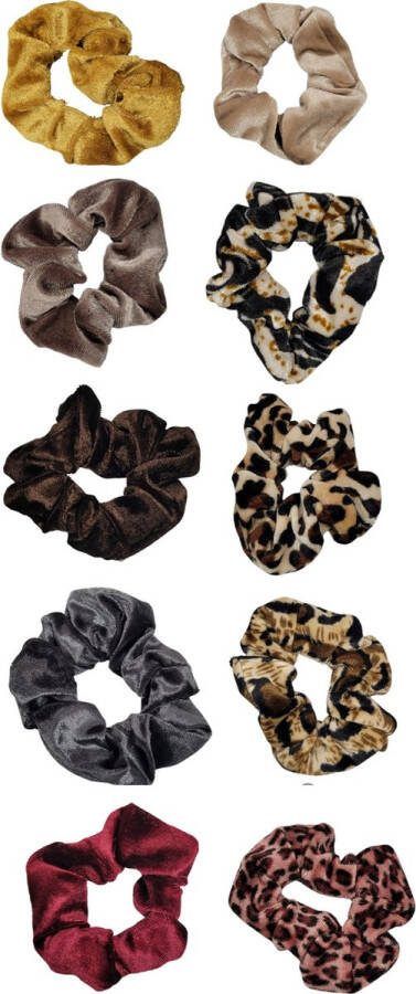 Scrunchie velvet haaraccessoires haarelastiek 10 stuks effen en dierenprint