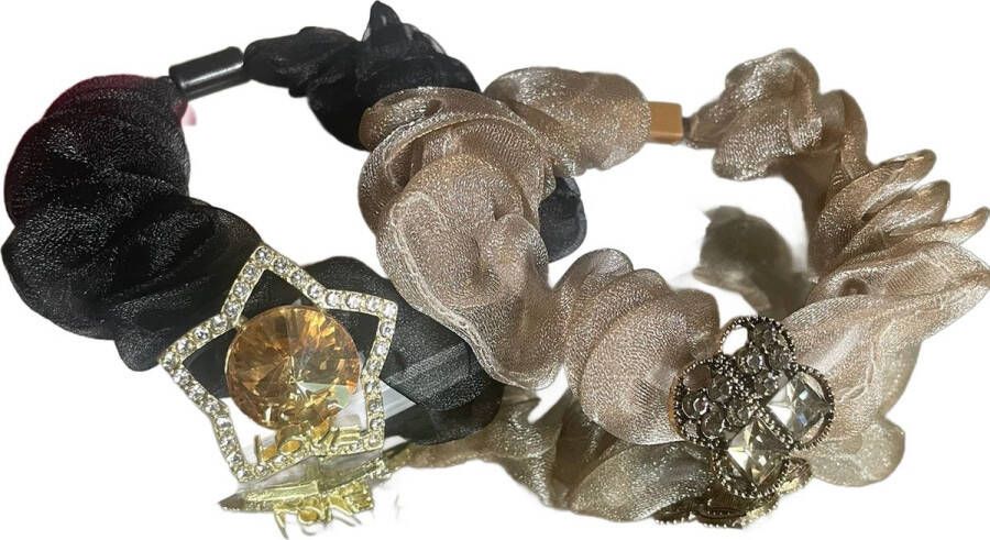 Scrunchies 2 Stuks Organza met kristallen bedels ster klaver4