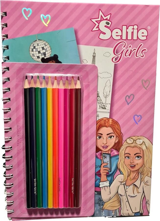 Selfie Girls Kleurboek met kleurpotloden Roze Hardcover Papier 118 Stickers 40 Kleurplaten 29 x 21 cm