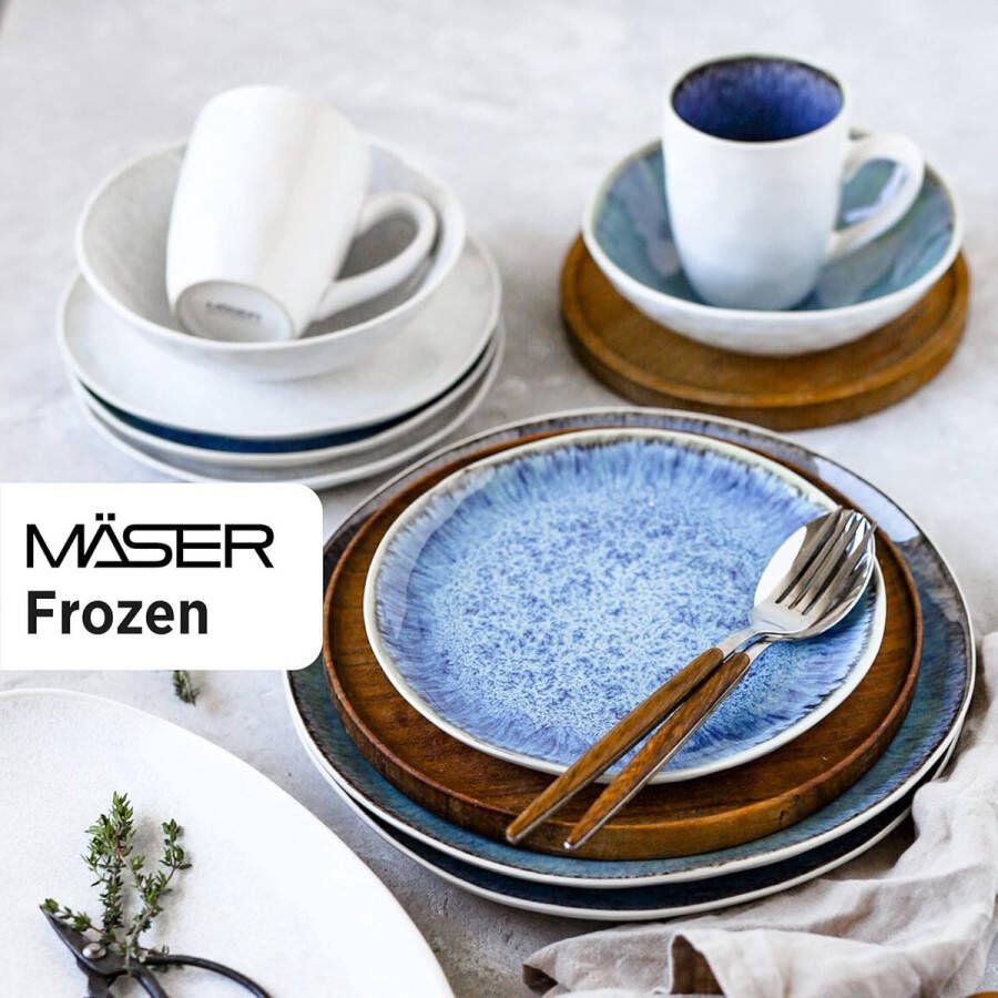 Serie Frozen serviesset van keramiek voor 4 personen 16-delig combiservies met organische vormen kleurrijk gespikkeld service steengoed blauw