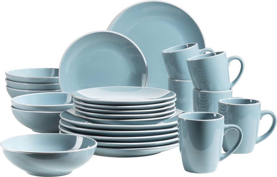 Serie Modern serviesset voor 6 personen in turquoise met witte rand 24-delig combiservies aardewerk