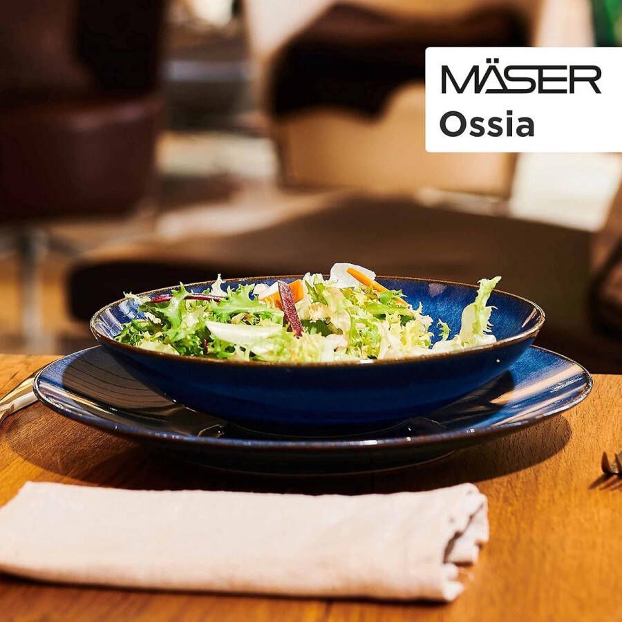 Serie Ossia bordenset voor 6 personen in mediterrane vintage-look 12-delig modern tafelservies met soepborden en platte borden koningsblauw aardewerk