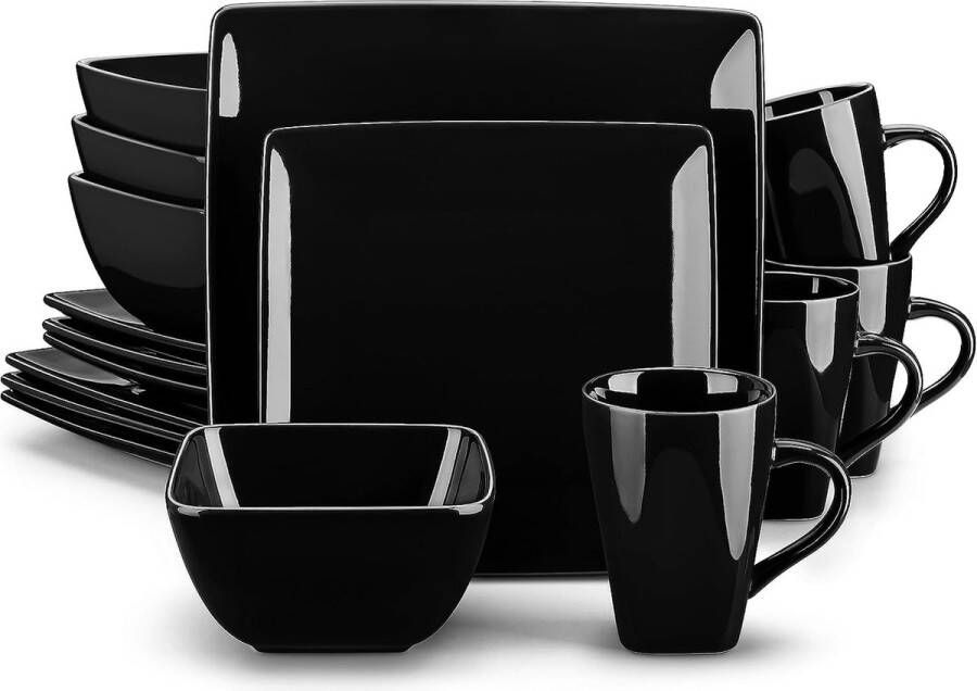 Serie SOHO porseleinen vierkante dinerset zwart 16 stuks keukenservies eetservies keramische serviesset met dinerborden dessertborden kommen en mokken servies voor 4