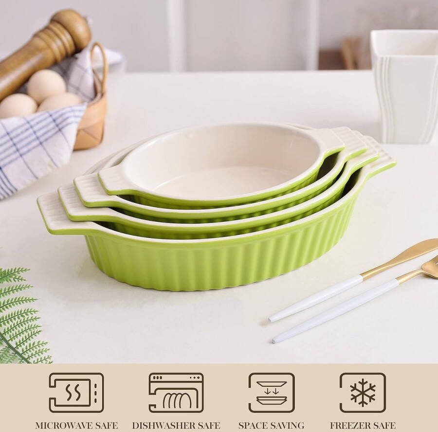 Series Bake.Bake 4-delige set Porseleinen bakvorm Taartvorm Broodbakvorm Bord Soepbord Servies Bakkommen Ovenschaal Ovenvorm groen