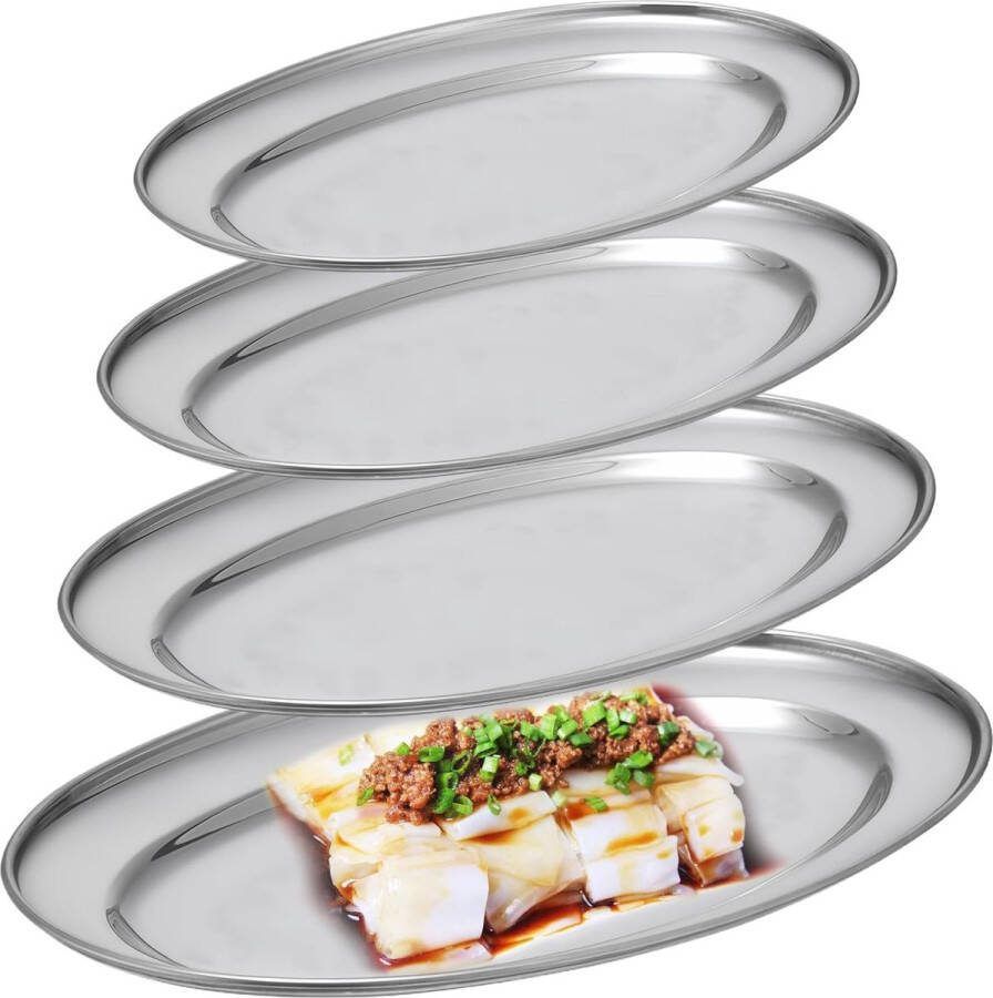 Serveerbord 4 stuks roestvrijstalen dienblad ovale dienblad roestvrijstalen opbergbak roestvrijstalen ovale grote dienblad voor gegrild vlees groenten visschotel (26 cm 30 cm 35 cm 40