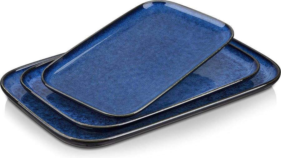 Serveerborden 3-delige set aardewerk servies bordenset is vaatwasser- en magnetronbestendig dinerborden taartborden dessertborden ontbijtborden blauw