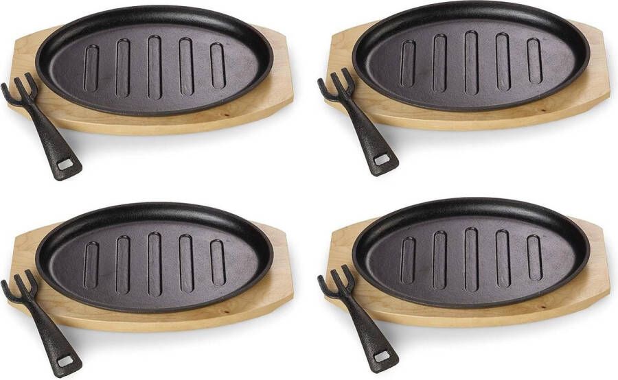 Serveerpan gietijzer grillstrips serveerplank afneembare handgreep ingebrand oven grill BBQ inductie 27 x Ø 175 cm 4-delig