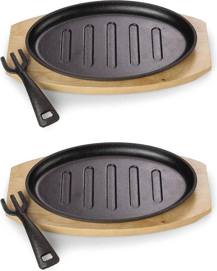 Serveerpan gietijzer grillstrips serveerplank afneembare handgreep oven grill BBQ inductie 27 x Ø 175 cm 2-delig