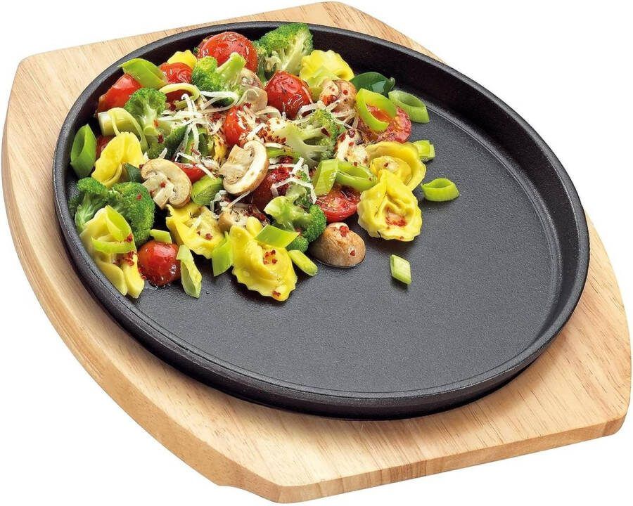 Serveerpan gietijzer op houten plank rond 26x27x35cm grillpan voor groenten vis vlees multifunctioneel koken warm houden serveren