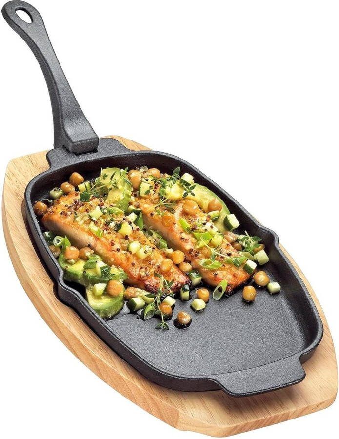 Serveerpan op houten plank 30 x 19 x 25 cm Afneembaar handvat Gietijzeren grillpan Voor groenten vis vlees Kuchenprofi Serveerpan voor grill