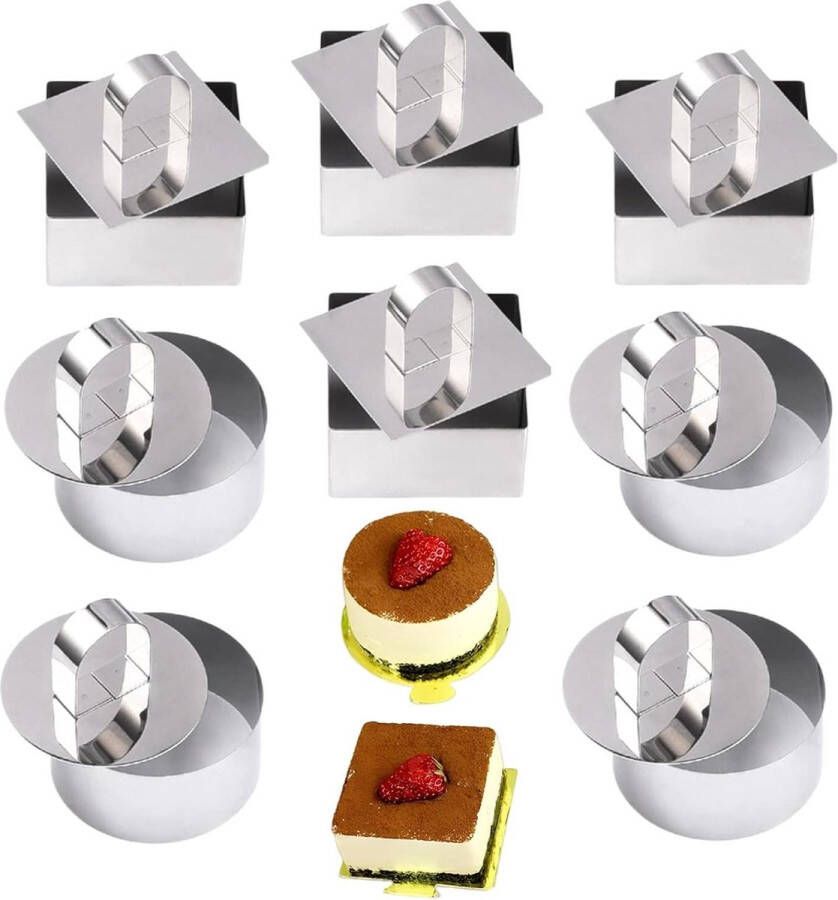 Serveerringen roestvrij staal set 8 stuks (ronde en vierkante mousse ringen) met pusher 8 cm taartring voor mousse cake desserts bakwaren