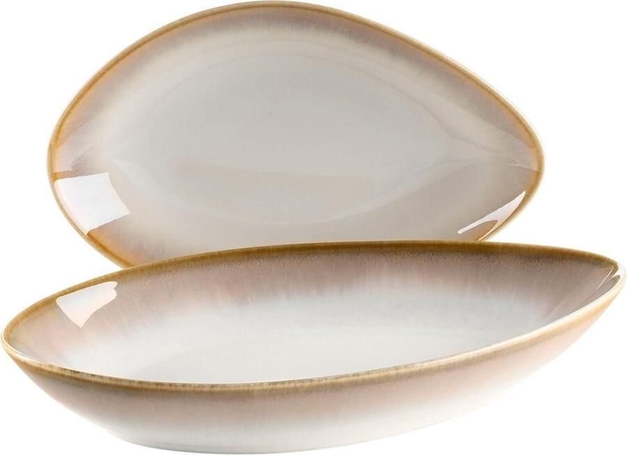 Serveerschalenset ovale keramische decoratieve schalen in 2 maten moderne vintage look beige crèmewit aardewerk