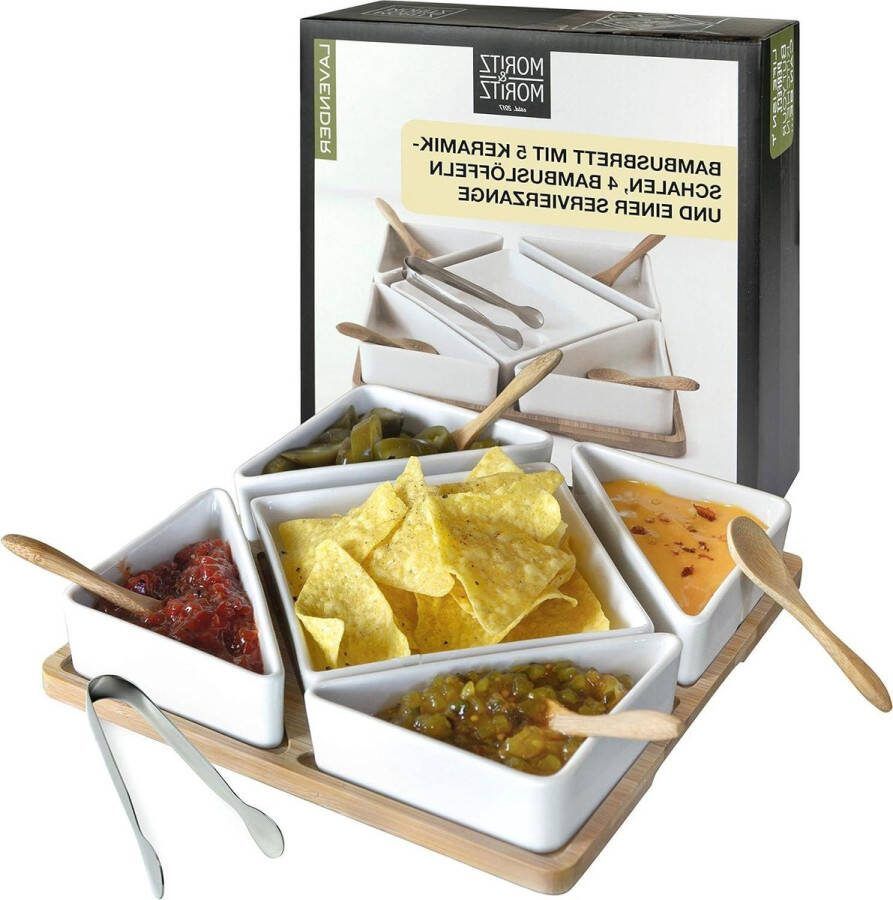 Serveerset lavendel 11-delig voor tapas en snacks keramische kommen inclusief dienblad lepel bamboe tang roestvrijstalen wit
